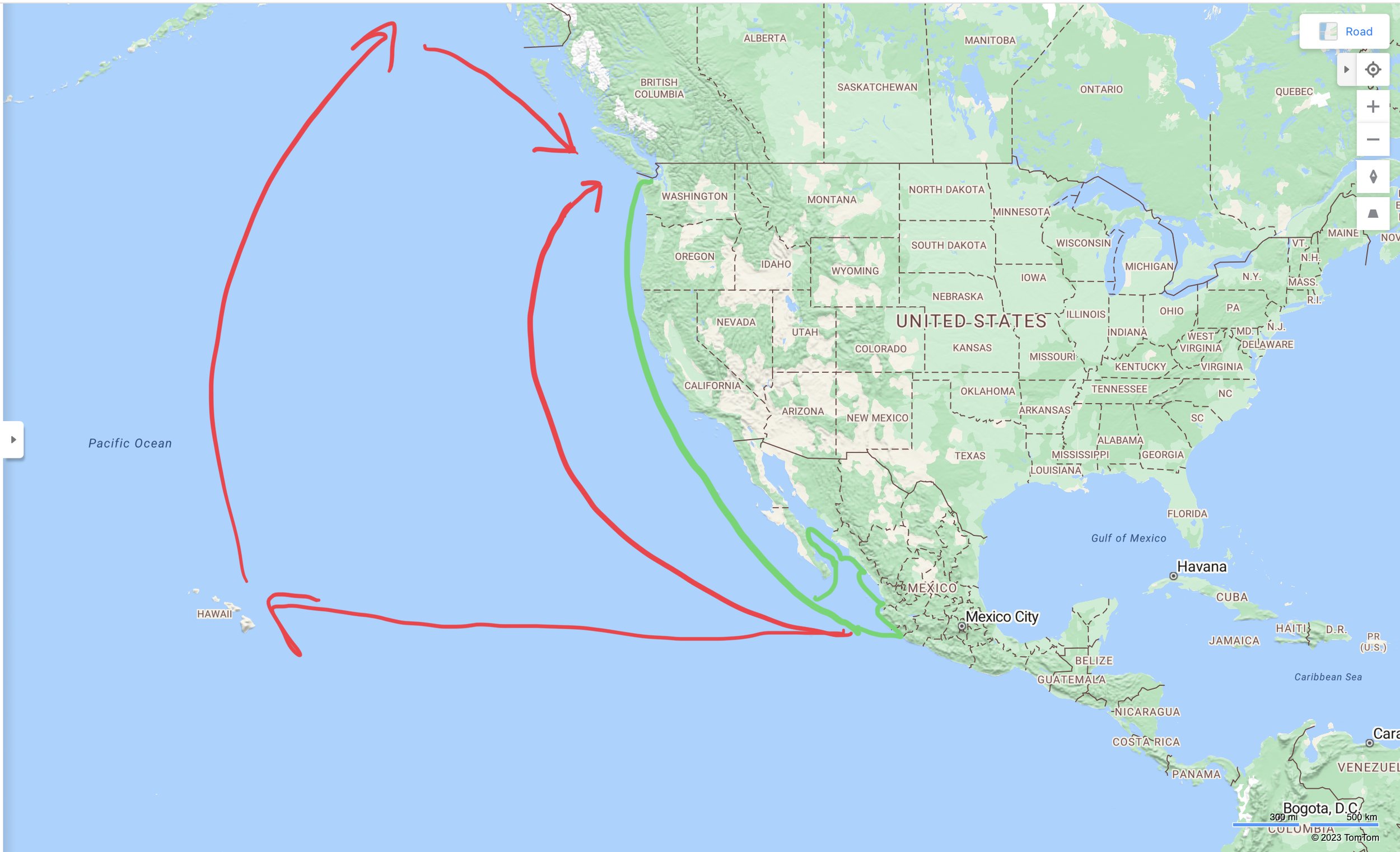 Map of the Eastern Pacific with sailing routes drawn