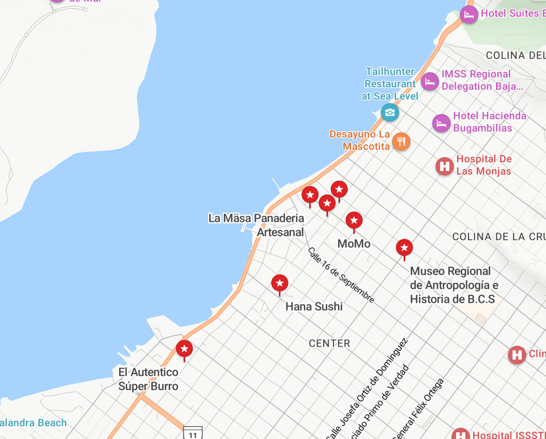 Map of La Paz, BCS, Mexico with 7 places marked